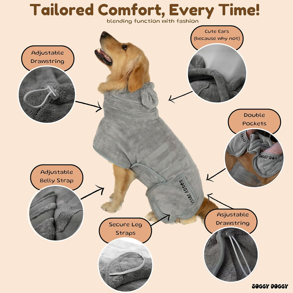 ® UK: Luxury Dog Drying Coat, Super Absorbent Microfibre Dog Drying Robe with Hood, Fast Dry in Minutes, Thick & Soft Robe - Bath, Groom & Travel, Covers Ears, All-Season Dressing Gown (XL)