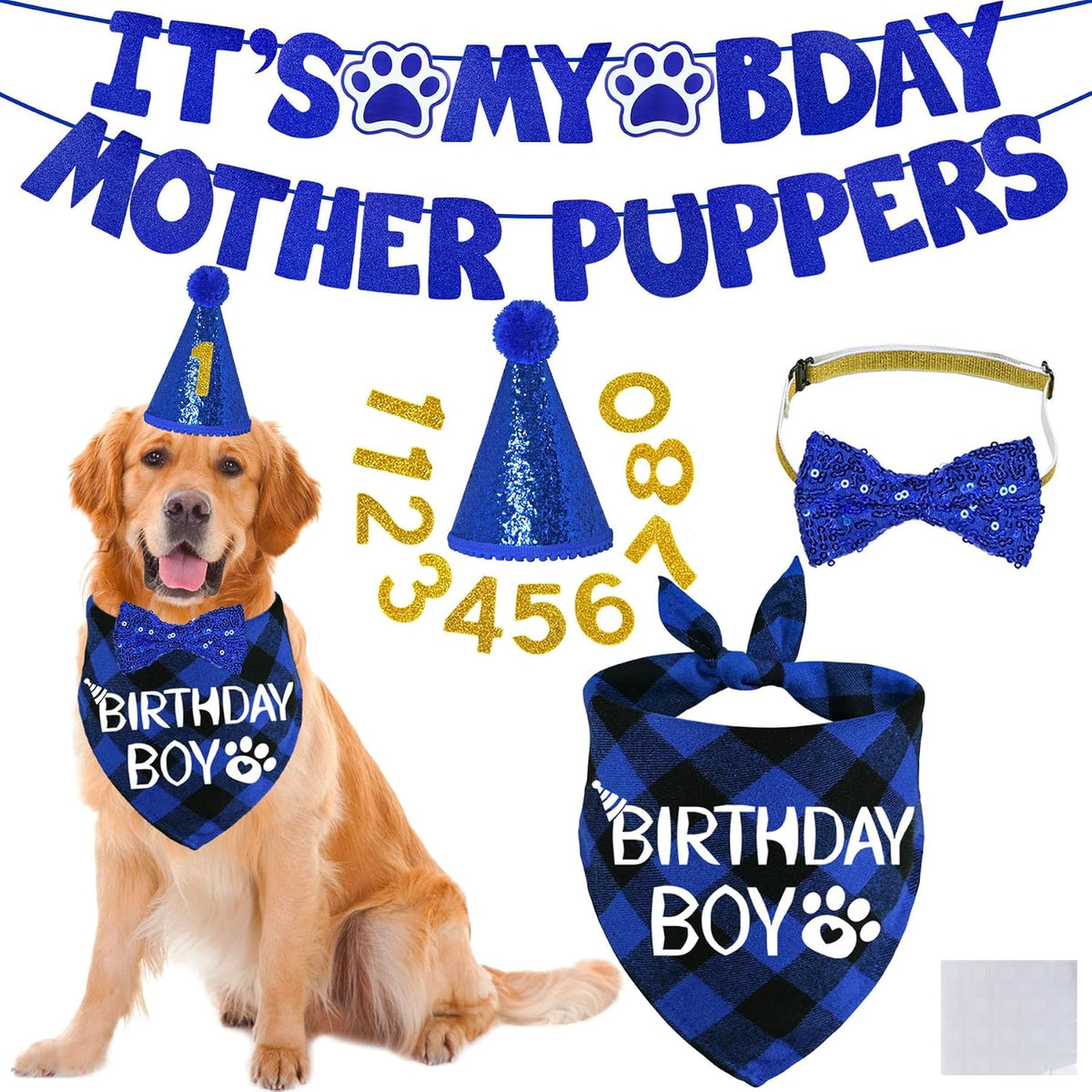 Dog Birthday Decorations, Multi Sizes Dog Birthday Hat Bandana Bow Tie Numbers It’S My Bday Mother Puppers Banner for Large Extra Large Dogs Pets (X-Large, Blue)