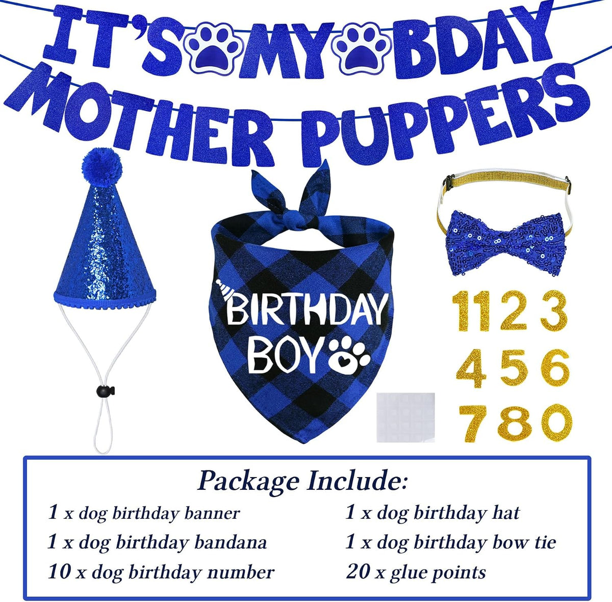 Dog Birthday Decorations, Multi Sizes Dog Birthday Hat Bandana Bow Tie Numbers It’S My Bday Mother Puppers Banner for Large Extra Large Dogs Pets (X-Large, Blue)