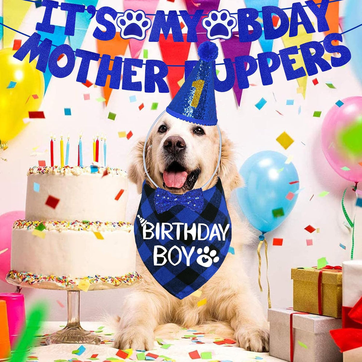 Dog Birthday Decorations, Multi Sizes Dog Birthday Hat Bandana Bow Tie Numbers It’S My Bday Mother Puppers Banner for Large Extra Large Dogs Pets (X-Large, Blue)